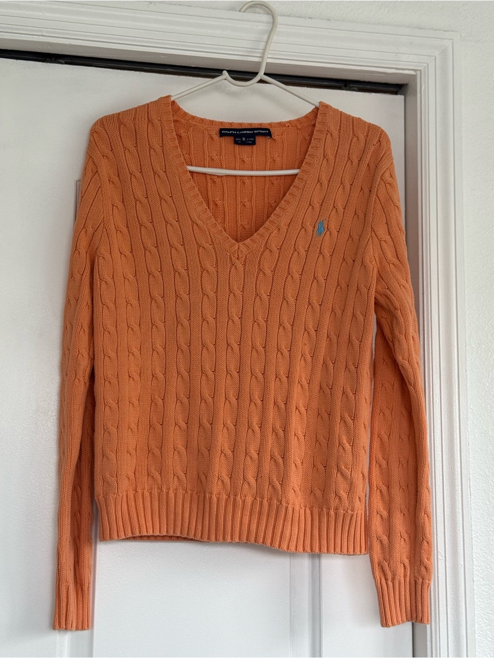 Lauren Ralph Lauren Orange Cable-Knit V-Neck Sweater with Blue Pony Emblem